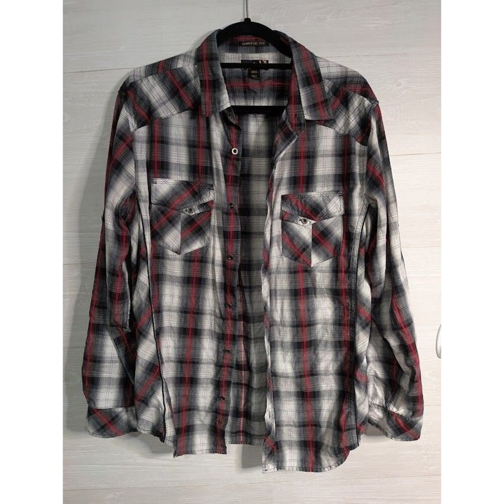 Helix Athletic Fit Mens LARGE Plaid Button Down Shirt Red Black Gray Work Casual